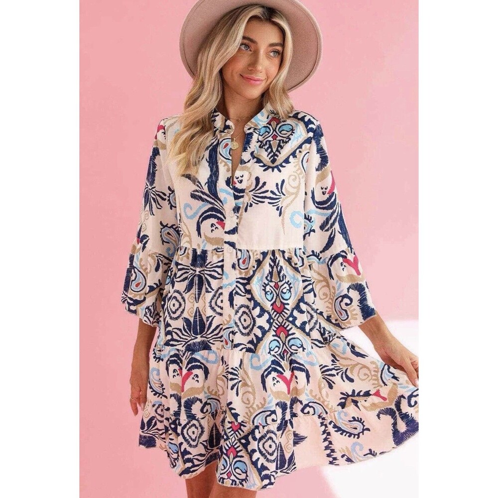 Blue cream Kilah Tiered Mini Dress